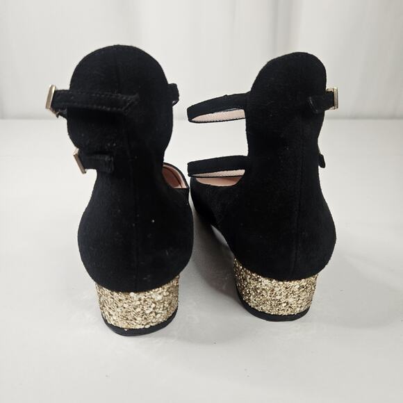 Kate Spade Black Mary Jane Suede Gold Giltter Block Heel 6M Dbl Strap Square Toe - Picture 6 of 9